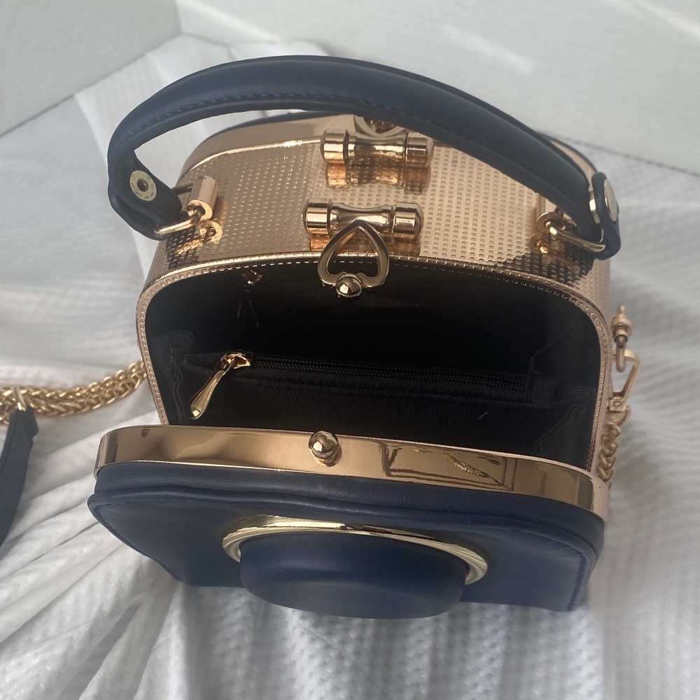 Camera Purse Elegant Navy Blue and Gold Women's Mini Handbag NWOT - Picture 9 of 14